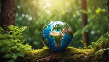 Earth in the forest. World globe in nature. Wild life. Ecology. Tiny planet in forest. Environment...