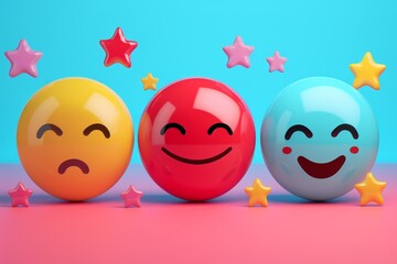 Three Balls With Faces and Stars on Pink and Blue Background