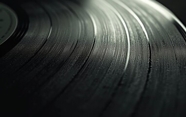 Black vinyl record with shallow depth of field. Close up