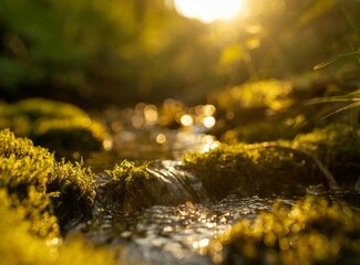 River in the forest. Moss macro photography.
