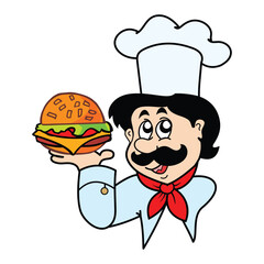 A cartoon character chef holding a cheese burger or hamburger on a plate