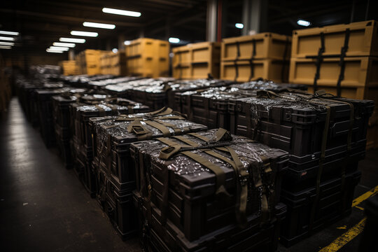 Rows of black and tan military containers secured with straps, stored in a dimly lit warehouse.