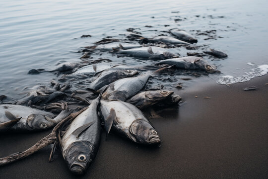 A somber view of numerous dead fish washed up along a beach, representing a significant die-off event with clear environmental implications.