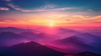 breathtaking sunset over a picturesque mountain range, casting vibrant hues of orange, pink, and purple across the sky