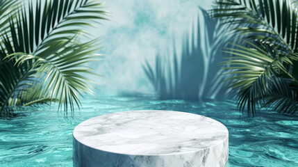 Fototapeta na wymiar Top view of marble podium stand in swimming pool water with palm leaves. Summer tropical background for luxury product placement