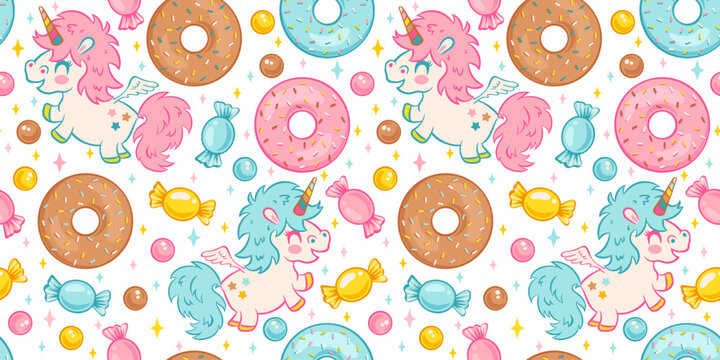 Vector seamless pattern of cute kawaii unicorns with candies and donuts. Pattern for children birthday party with unicorn, candy and donut.
