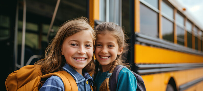 Back to school concept with smiling little schoolgirls ready to board school bus