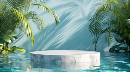 White marble podium stand platform in swimming pool water with palm leaves. Summer tropical background for luxury product placement