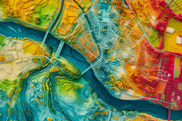 Digital elevation model. GIS 3D illustration made after proccesing aerial pictures taken from a drone. It shows lidar scanned, huge urban area of a city with roads and junctions between dense blocks