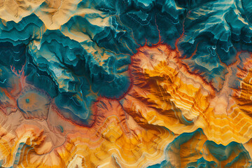 Naklejka na ściany i meble Digital elevation model. GIS product made after proccesing aerial pictures taken from a drone. It shows high rocky and steep mountain peaks. At their feet are visible valleys and mountain lakes