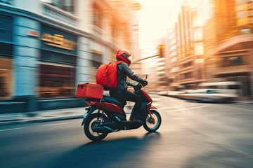 Fototapeta premium A dynamic scene of a food delivery moto scooter driver, with a bright red backpack, navigating through a bustling city street.
