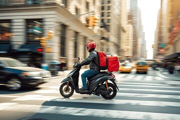 A dynamic scene of a food delivery moto scooter driver, with a bright red backpack, navigating...