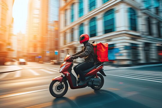 A dynamic scene of a food delivery moto scooter driver, with a bright red backpack, navigating through a bustling city street.