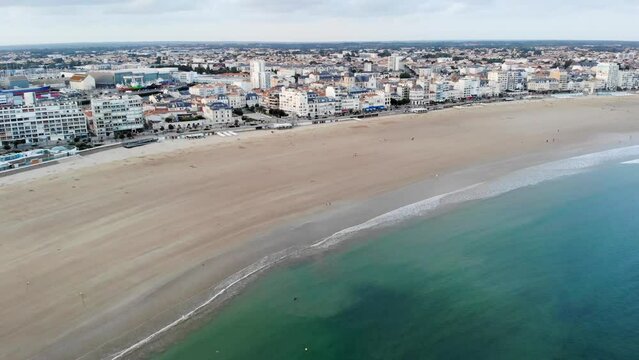 Aerial drone view of sand beach in Les Sables d'0lonne , France.