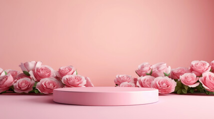 Empty pink podium platform with pink roses for product display presentation, promotion sale, presentation, cosmetic