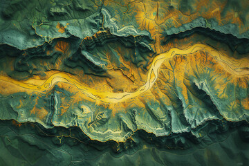 Digital elevation model of a riverway. A meandering and curving river with bends. GIS 3D product made from aerial data