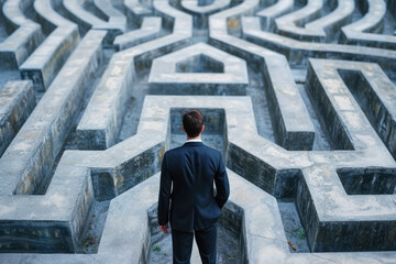 businessman standing at a crossroads in a maze, trying to decide which way to go.