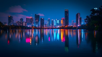 Fototapeta premium country skyline at night, vibrant city skyline at night, illuminated by colorful lights and reflected on the calm waters of a nearby river