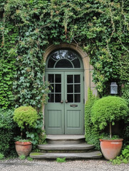 Fototapeta na wymiar Entrance to a historic manor, framed by antique architectural elements and flanked by potted topiaries, features an aged door