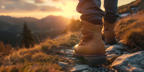 Man hiking up mountain trail close-up of leather hiking boots. sunset - obrazy, fototapety, plakaty