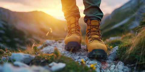 Man hiking up mountain trail close-up of leather hiking boots. sunset