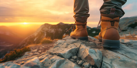 Man hiking up mountain trail close-up of leather hiking boots. sunset - obrazy, fototapety, plakaty