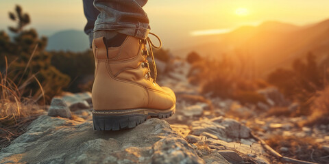 Man hiking up mountain trail close-up of leather hiking boots. sunset