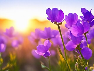 Purple flowers close up. Spring season landscape at sunrise. Wild flowers meadow