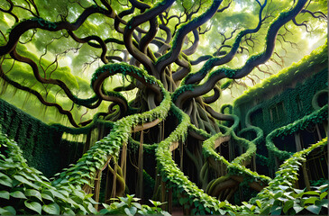 Obraz premium Nature's Ballet: Captivating Vines and Branches Weaving an Aerial Tapestry. generative AI