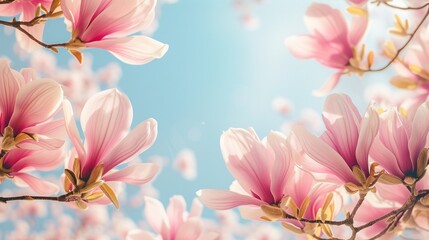 Closeup of blooming magnolia tree in spring on pastel bokeh background, copy space.