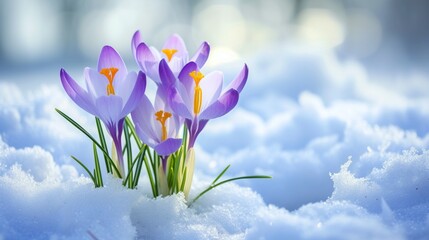 Purple crocuses growing through the snow in early spring, copy space.