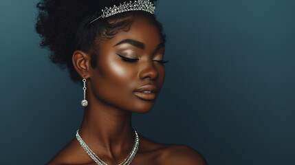 Beautiful black skin bride wearing tiara, earrings, necklace isolated on dark navy background with copy space.