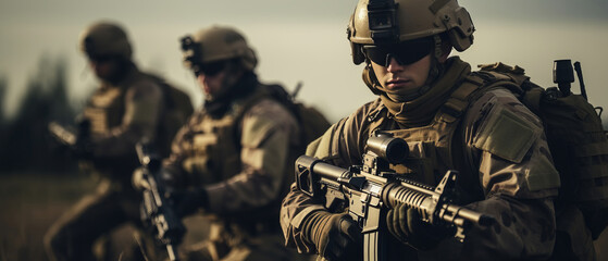 A group of soldiers with weapons on a mission. Close-up of one of the soldiers from the group