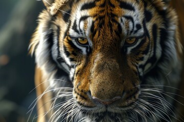Fototapeta premium Intense gaze of a tiger, its eyes full of focus, the perfect capture of this majestic predator's essence in the wild.