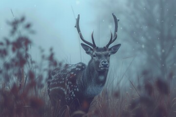 Stag in misty forest, antlers emerging from the fog, a mystical and serene wildlife scene.

