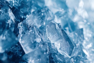 Macro shot of intricate ice crystals, highlighting the beauty and complexity of natural geometric patterns in a cool blue tone.

