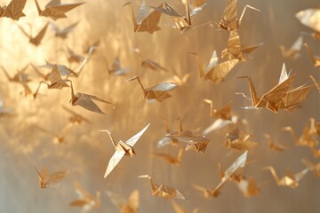 Golden origami birds in a warm-toned flight, a symbol of peace and creativity, perfect for artistic and cultural themes.

