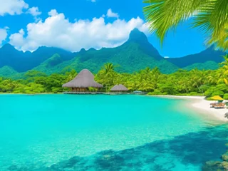 Poster Tropical island with blue lagoon, lush tropical jungle and mountain. Exotic island nature travel destination © Tahiti