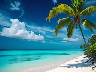 Fototapeta na wymiar Tropical island with palm tree, white sand and turquoise sea ocean water. Tropical beach background 