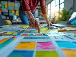 Business professionals hands pointing and analyzing financial charts, graphs, and data on a table during a collaborative meeting.