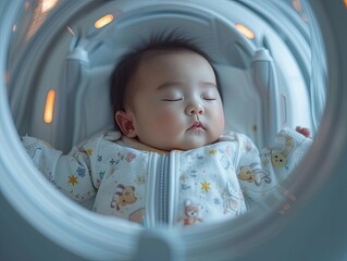A peaceful infant sleeps soundly in a modern, high-tech baby pod, evoking a sense of future child care.
