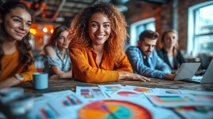 Vibrant young businesswoman leading a team meeting with colleagues and financial charts on the table in a modern office.