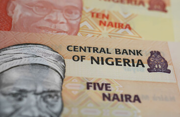 Closeup of  central bank of Nigeria 5 Naira banknote