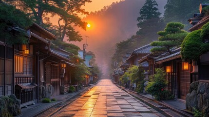 beautiful, clean and tidy street pass through traditional Japanese local village.