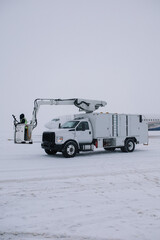 Aircraft handling protection against freezing aircraft. Process of covering passenger airliner with...