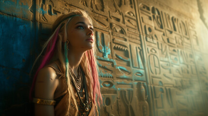 Egyptian hippie emo girl in pyramid - obrazy, fototapety, plakaty