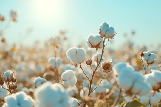 A cotton plant field, cotton balls, light blue sky, sunlit, light blurred background