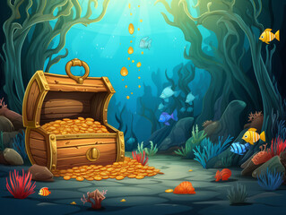 Drawing of a chest with gold coins 
on ocean floor under water with tropical fish
at the coral reef. Algae, corals and sea 
anemones on the seabed. Pirate treasures.