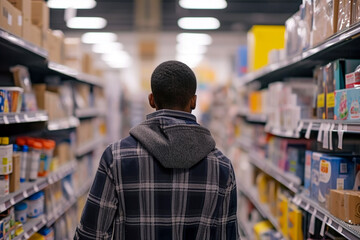 man pushing a cart and looking at the shelves of office supplies
