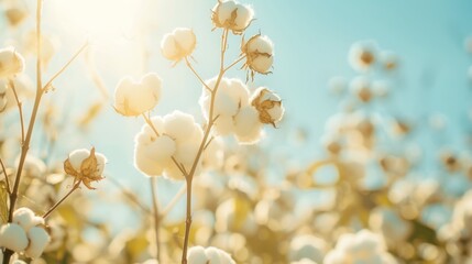 Sunlight streams over a field of cotton, highlighting the fluffy texture of the bolls against a bright blue sky